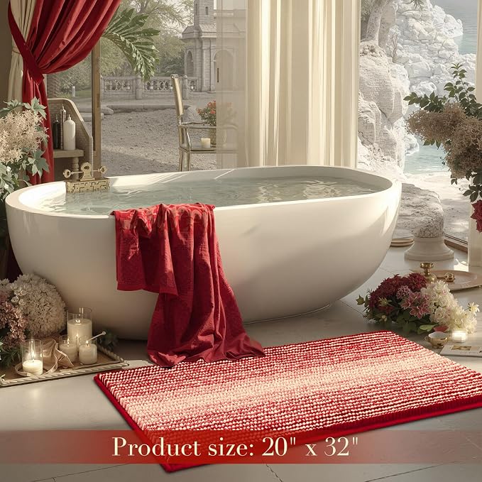 Bathroom Rugs, 20x32 Chenille Bath Mats, Christmas Red | Extra Soft Absorbent, Non Slip Striped, Quick Dry Machine Washable, Shower Rug for Bathroom Bedroom Decor