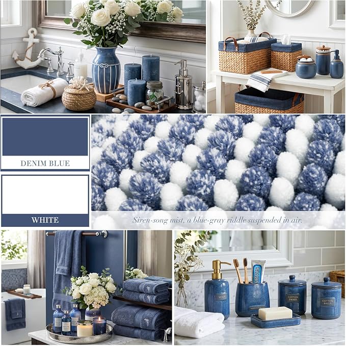 BSICPRO Bathroom Rugs Sets 2 Piece, Non Slip Striped Bath Mats, Denim Blue | 20"x47" Plus 16"x24", Soft Absorbent Chenille, Quick Dry Machine Washable, Shower Rug for Bathroom Floor, Tub, Bedroom Decor