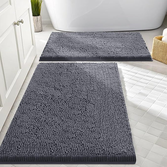 Smiry Chenille Bathroom Rugs Sets 2 Piece (30x20+24x16, Charcoal Grey) | Soft Absorbent Machine Washable Non Slip Shaggy Bath Rug Set for Tub, Shower, and Floor, Home Decor