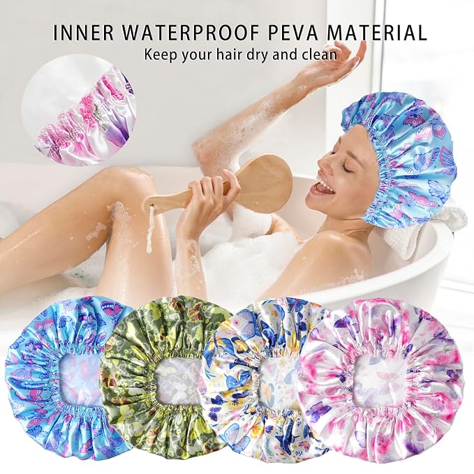 Shower Caps for Women, 4 PCS Reusable Waterproof Bath Cap | Double Layer, Washable, Wide Elastic Band, Holds Long Hair, Caps for Bath Accessories, Spa, Travel Home - Butterfly C