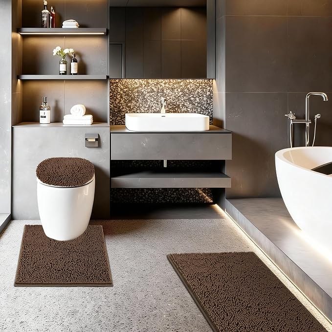 Bathroom Rugs Sets 3 Piece with Toilet Seat Cover 19.5"x 18.5" | Machine Washable Bath Rug Set with Tpr Non Slip Rubber Backing Solid Bath Mat Set for Luxury Bathroom Decoration