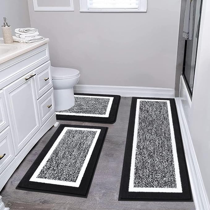 Pauwer Bathroom Rugs 3 Piece Set, Non Slip Washable Bath Mat, Black | Soft Plush Microfiber, Super Absorbent Floor Carpet, U Shaped Toilet Mats, Quick Dry, Shaggy Shower Rugs Runners