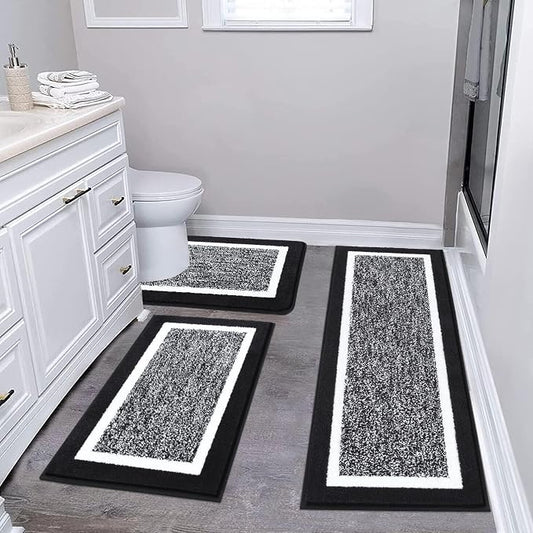 Pauwer Bathroom Rugs 3 Piece Set, Non Slip Washable Bath Mat, Black | Soft Plush Microfiber, Super Absorbent Floor Carpet, U Shaped Toilet Mats, Quick Dry, Shaggy Shower Rugs Runners