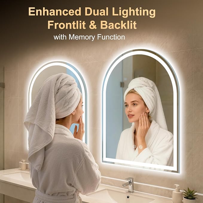 Arched LED Lighted Bathroom Mirror with Lights 28"x36"Smart Anti-Fog | Dimmable 3 Color Modes, Backlit and Front Lit, Memory Function, HD Tempered Glass,Touch Sensor