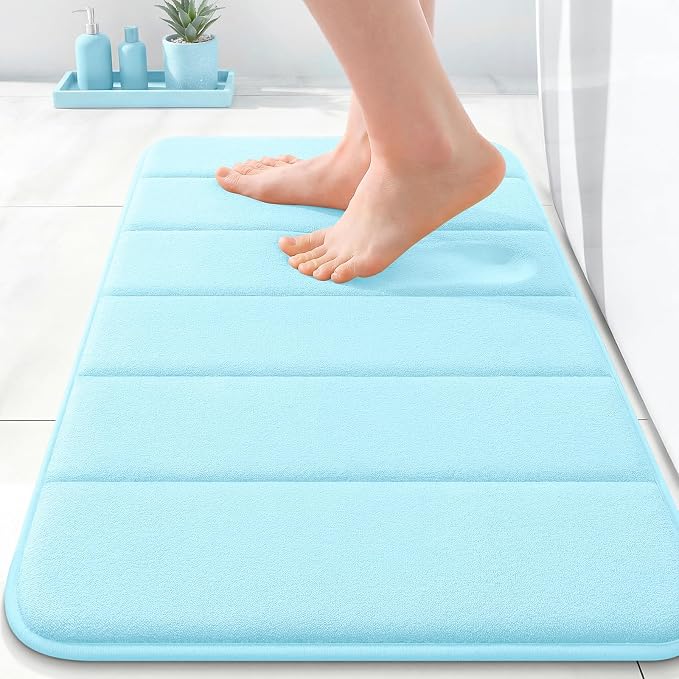 OLANLY Memory Foam Bath Mat 35x16, Super Soft and Absorbent Bathroom Rugs | Sky Blue, Quick Dry Bath Rug, Machine Washable Shower Floor Mats, Bathmat Carpet for Bathroom Floor, Tub and Shower