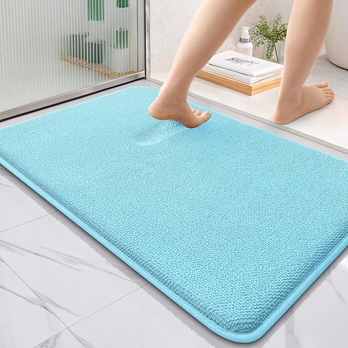 OLANLY Thick Memory Foam Bathroom Rugs 36x24, Absorbent Bath Mat, Sky Blue | Soft Quick Dry Bath Rugs, Non-Slip, Machine Washable Carpet for Bathroom Floor, Tub and Shower, Home Decor Accessories