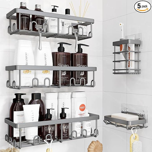 YASONIC Shower Caddy Adhesive, 100% Rustproof Shower Organizer with Soap and Toothbrush Holder, Large Capacity Shower Shelves for Inside Shower, No Drill Shower Storage for Home (5 Pack Grey)