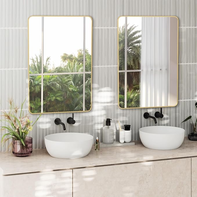 Delma Bathroom Vanity Mirror, Gold Framed Mirror for Over Sink, 30x20 | HD glass, distortion-free for makeup and grooming, Sturdy frame, all mounting hardware, hangs horizontal or vertical