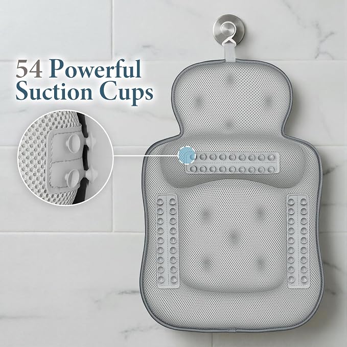 Bath Pillows for Tub, Comfortable Bathtub Cushion for Head and Neck with Soft 3D Mesh Fabric and 54 Non-Slip Suction Cups, Relaxing Tub and Shower Accessories Spa Gift Dark Gray Extra Thick