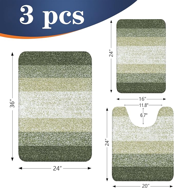 OLANLY Microfiber Bathroom Rugs Sets 3 Piece, 36"x24"+24"x16"+24"x20" | Dark Green, Soft Absorbent Bath Mats and U-Shaped Contour Toilet Rug, Plush Shaggy Bath Mat Set for Bathroom