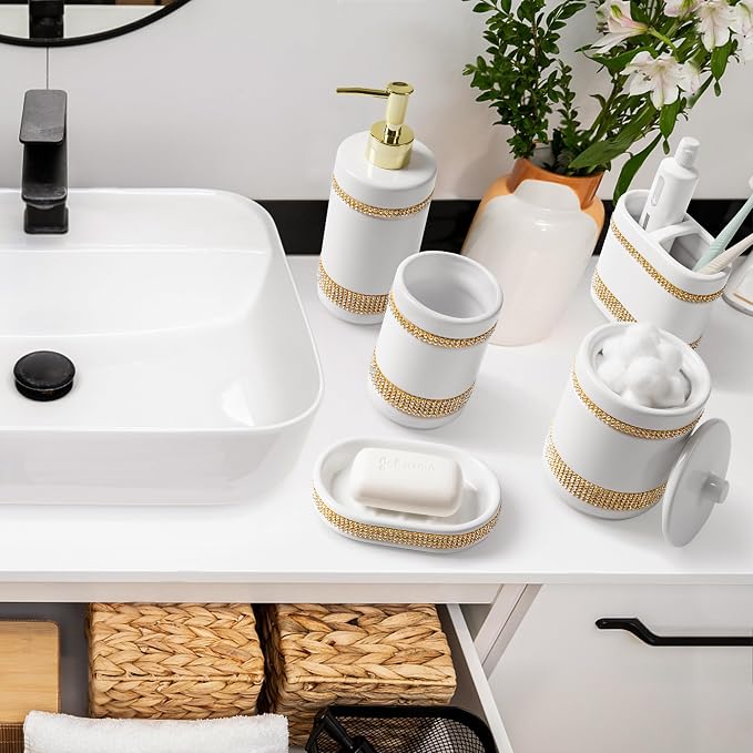 RQYIXI Ceramic 5-Piece Bathroom Accessories Set, Diamonds with White | white ceramic Cotton Swab Jar modern countertop organization