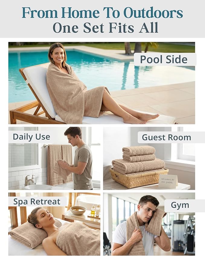 Casa Platino Bath Towel Set 100% Cotton 8 Piece Soft Absorbent - Beige | Shower Towels - Generously Sized, Oversized & Roomy, Lightweight & Breathable, Fade-Resistant Color, Classic Terry Weave