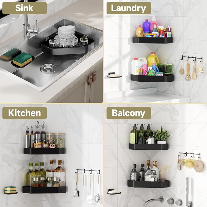 Veken Aluminum Corner Shower Caddy 4-Pack, Never Rust, No Drilling Adhesive Shelves, Stainless Rack with Soap Holder, Bathroom Organizers and Storage, Wall-Mounted Kitchen & Home Decor, Black