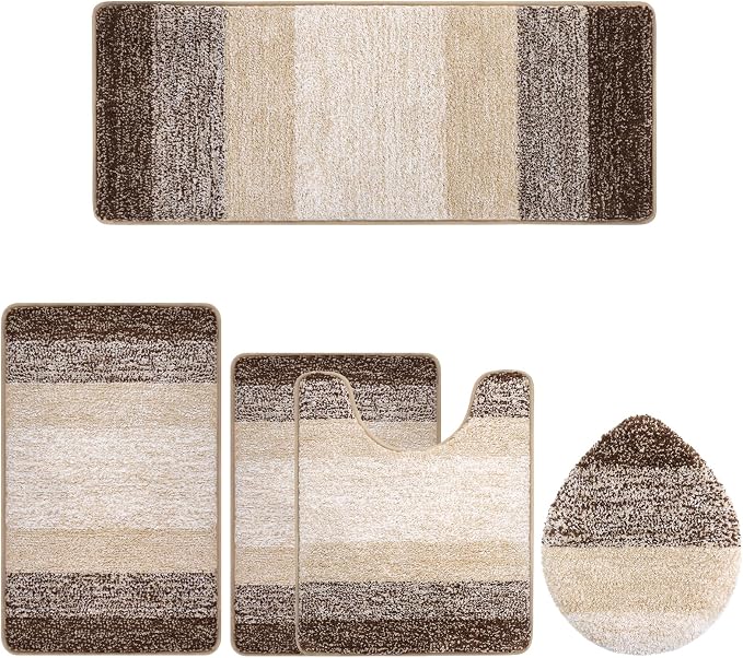 Bsmathom Bathroom Rug Set 5 Piece, Plush Microfiber Bath Mat, Dark Coffee | Extra Water Absorbent, Non Slip Washable Runner Bath Rugs with Toilet Lid Cover and U-shaped Contour Toilet Mat
