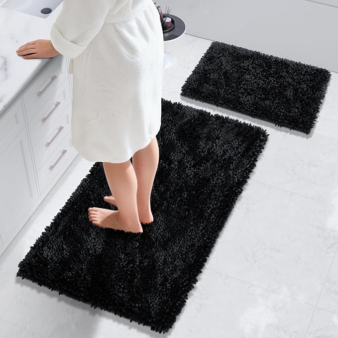 Yimobra Bathroom Rug Set 2 Piece, Luxury Shaggy Bath Mat Set with Non Slip Backing, Ultra Soft & Absorbent Mats for Bathroom Floor, Machine Washable, 44"x24"+24"x17", Black