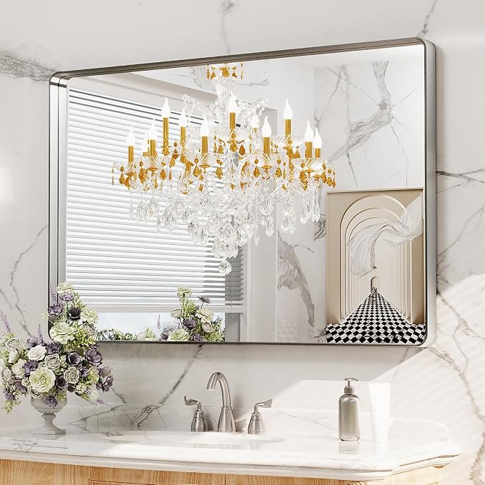 LOAAO 48X30 Inch Brushed Nickel Bathroom Mirror | Rounded Rectangle, Silver Metal Frame, Anti-Rust, Tempered Glass, Hangs Horizontally or Vertically