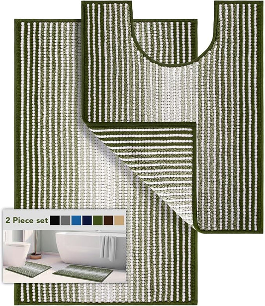 BSICPRO Bathroom Rugs Sets 2 Piece, 32"x20" + U-Shaped 24"x20", Sage | Ultra Soft Absorbent, Chenille Contour Toilet Rug, Non Slip Striped, Quick Dry Machine Washable, Shower Rug for Bathroom