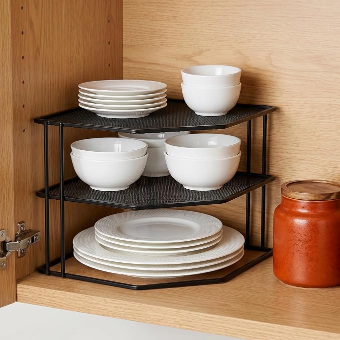 yarlung 3-Tier Cabinet Corner Shelf, 9x9x7.5 Inches Metal Wire Plate Rack Kitchen Counter Corner Organizer for Cups, Dishes, Cupboard, Pantry, Black Elegant Finish