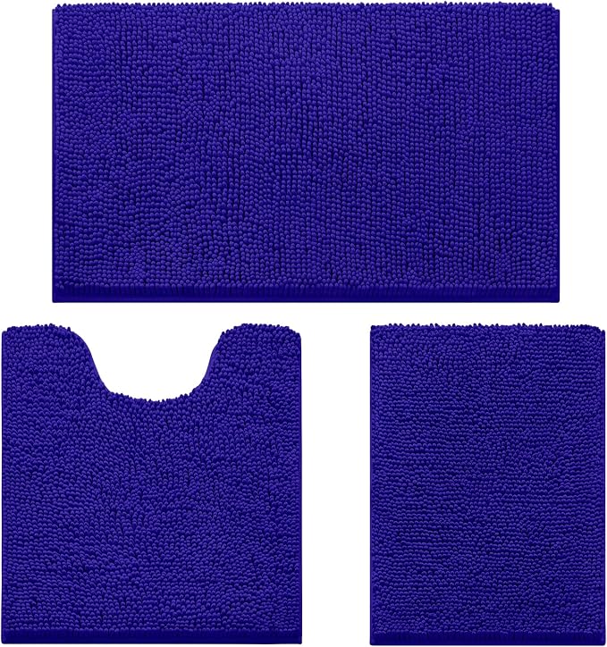 HOMEIDEAS Royal Blue Chenille Bathroom Rugs Set of 3, Non Slip Bath Mat | Super Absorbent, Soft Microfiber, Machine Washable, Stain Resistant, for Bathroom Decor
