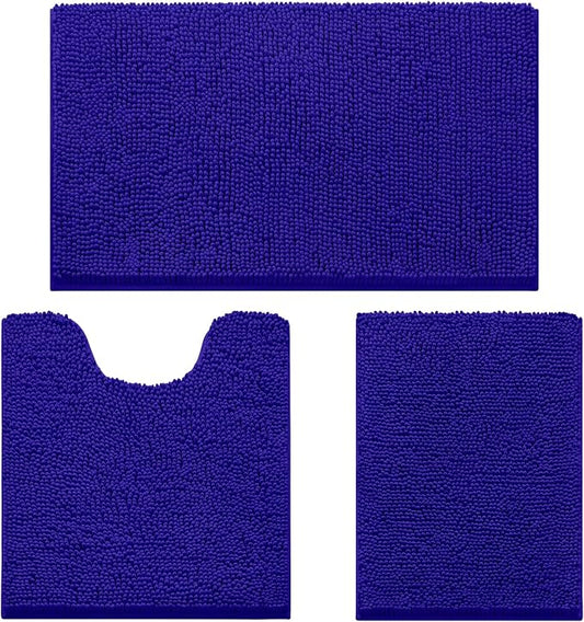 HOMEIDEAS Royal Blue Chenille Bathroom Rugs Set of 3, Non Slip Bath Mat | Super Absorbent, Soft Microfiber, Machine Washable, Stain Resistant, for Bathroom Decor