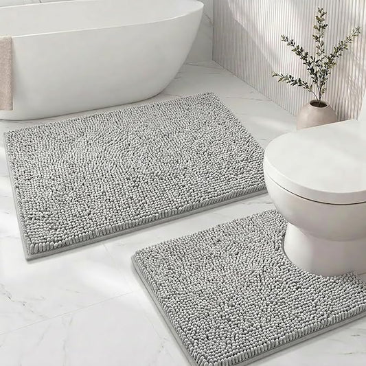 Bathroom Rugs Sets 2 Piece,Super Absorbent Soft,Thick,Machine Washable Chenille Bath Mat,Non Slip Toilet Floor Rug,Bath Mats for Bathroom,20x32 Plus 20x20 U Shape,Light Grey
