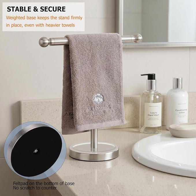 Hand Towel Holder Standing, T-Shape Towel Rack with Heavy Base, Regular Sized Hand Towel for Bath (Brushed Nickel, Stainless Steel)