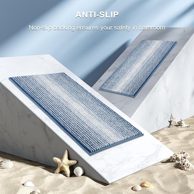 Bathroom Rugs Sets 2 Piece, Non Slip Striped Bath Mats, Sky Blue | 20"x32" Plus 16"x24", Soft Absorbent Chenille, Quick Dry Machine Washable, Shower Rug for Bathroom Floor, Tub, Bedroom Decor