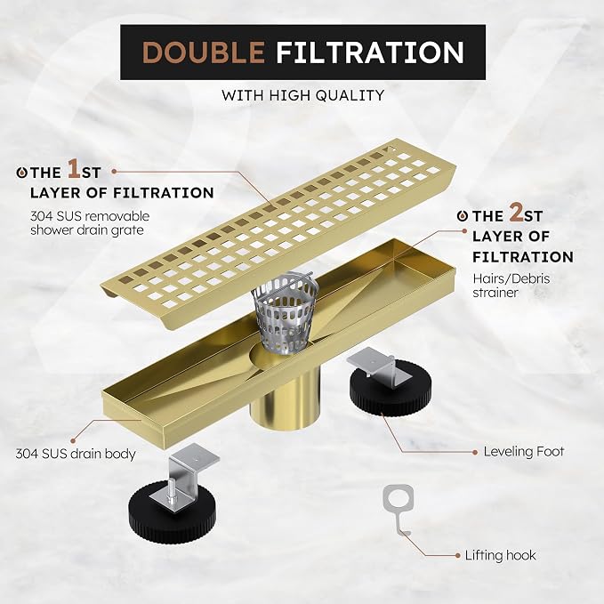 Linear Shower Drain 12 Inch, Modern Rectangle Shower Floor Drain with Removable Quadrato Pattern Grate, Stainless Steel SUS 304, Linear Drain with Leveling Feet& Hair Strainer