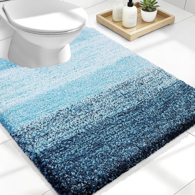 OLANLY Luxury Toilet Rugs U-Shaped 24x20, Soft Absorbent Microfiber Mat | Peacock Blue, Non-Slip Quick-Drying Rubber Backing, Washable Plush Contour Bath Mat for Toilet Base, Home Decor Accessories