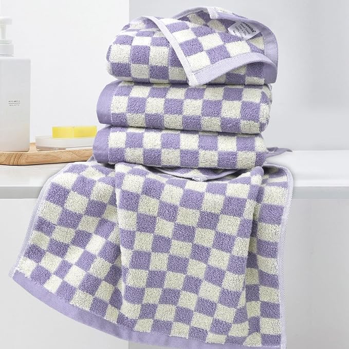 Hand Towel for Bathroom Guest Room - Cotton Face Towel Set Lilac Checkered | Extra Soft, Absorbent 4-Piece for Daily Use