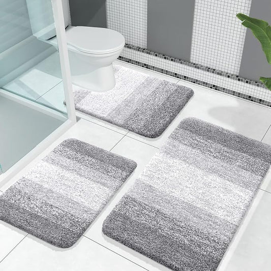 OLANLY Microfiber Bathroom Rugs Sets 3 Piece, 30"x20"+24"x16"+24"x20" | Light Grey, Soft Absorbent Bath Mat and U-Shaped Contour Toilet Rug, Machine Wash Dry, Plush Shaggy Bath Mat Set for Bathroom