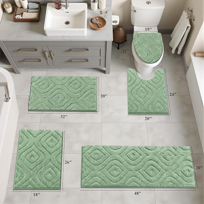 Ileading Bathroom Rugs Sets 5 Piece, Non Slip Washable Bath Mat Set | Absorbent Plush Microfiber Bathroom Mat Set with Toilet Cover, Bath Runner and U-Shaped Contour Rug for Tub, Shower, Green