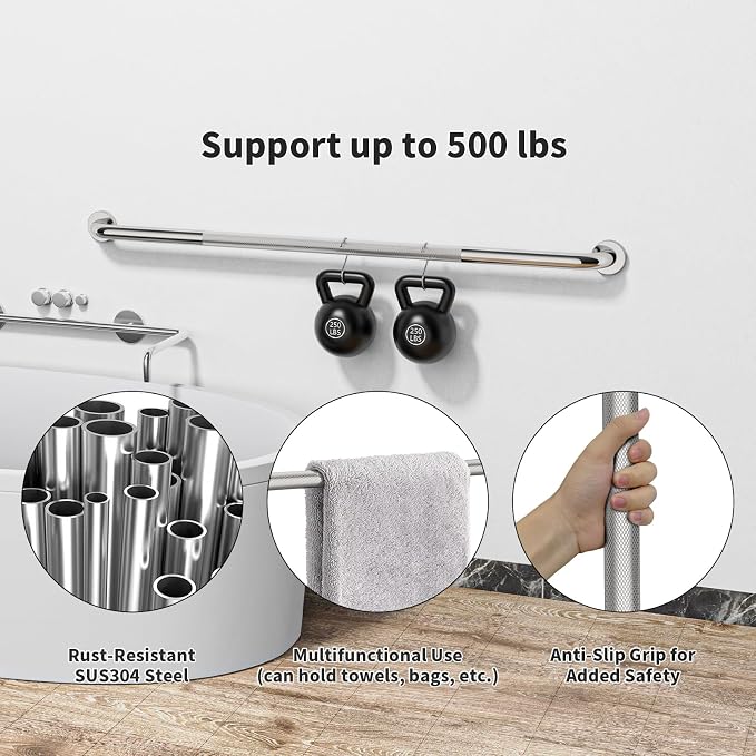 48 Inch Anti Slip Shower Grab Bar, Munzong Bathroom Grab Bar for Showers, Brushed Nickel Knurled Handicap Balance Bar,Safety Hand Rail Support Elderly Senior Assist Bath Handle