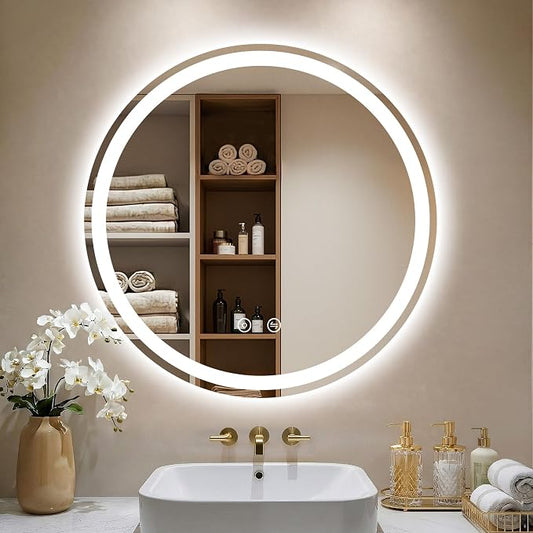 30 Inch Round LED Bathroom Mirror with Lights, Circle Lighted Vanity Mirror | Smart Anti-Fog, Dimmable 3 Color Modes, Backlit+Frontlit, Memory Function, HD Tempered Glass, Touch Sensor