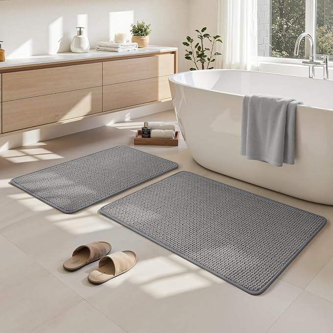 HOMEIDEAS Bathroom Rugs Set 2 Piece Thin Non Slip, Grey 17"x24"+20"x32" | Quick Dry Absorbence Bath Mats, Soft Chenille, Low Profile Fits Under Doors, Ideal for Bathtub, Shower, Elderly and Pets