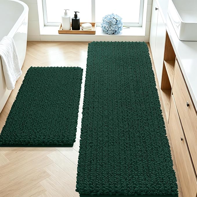 ACCUMTEK Upgrade Luxury 2 Piece Deep Green Toilet Bathroom Rug Mat 60"x20"+32"x20", Ultra Soft Thick Absorbent Bath Mats, Non Slip Chenille Toilet Mat for Bathroom, Bedroom, Kitchen, Shower, Tub