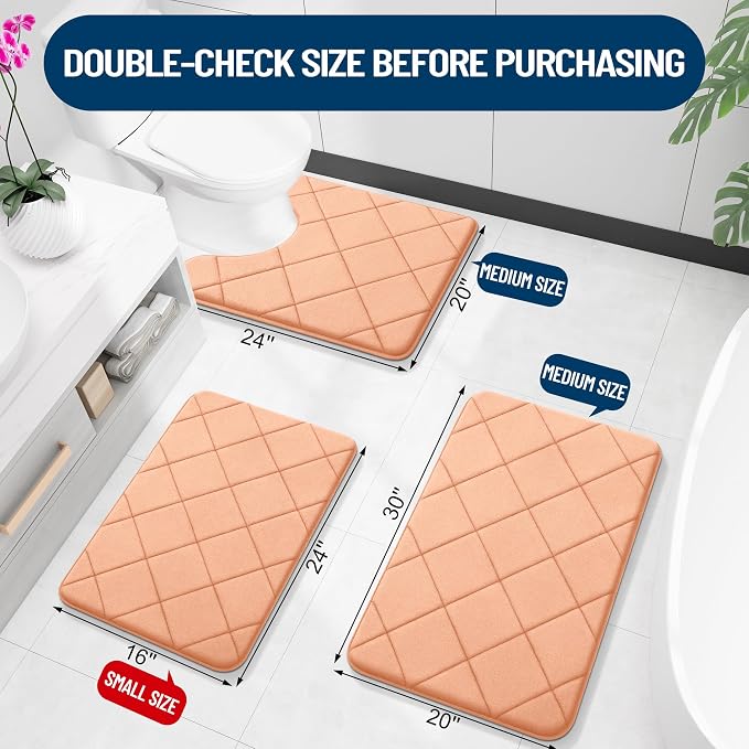 OLANLY Memory Foam Bath Mat 30x20, Ultra Soft and Absorbent Bathroom Rugs | Peach, Quick Dry, Machine Washable Shower Bath Rugs, Comfortable Bath Carpet for Bathroom Floor, Tub and Shower