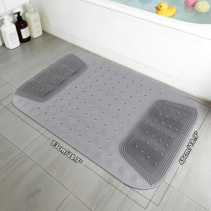 Bathtub Shower Mat Non Slip, 28.7x18.9 inch Silicone Bathroom Mat with Foot Scrubber on Both Sides, Drain Hole and Suction Cups, Machine Washable Bath Mats for Elderly, Pet (Gray)