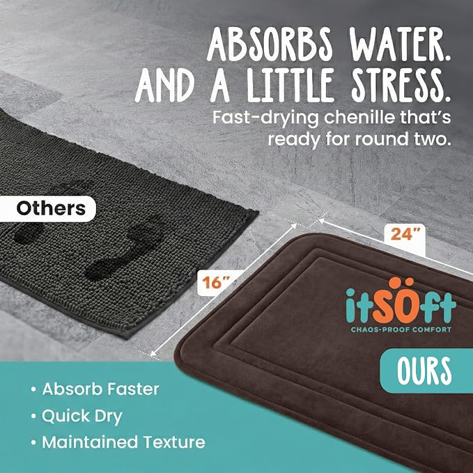 ITSOFT Memory Foam Bath Mat 24x16, Non Slip, Machine Washable, Quick Dry & Absorbent Rugs, Bath Mats for Bathroom Floor, Tub & Shower, Bathroom Rug, Chocolate Brown