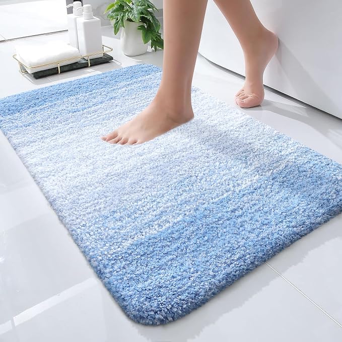 OLANLY Small Bathroom Rugs 28x18, Extra Soft Absorbent Microfiber Bath Rugs | Light Blue, Non-Slip Quick-Drying Rubber Backing, Washable Plush Bath Mat for Floor, Tub and Shower, Home Decor Accessories