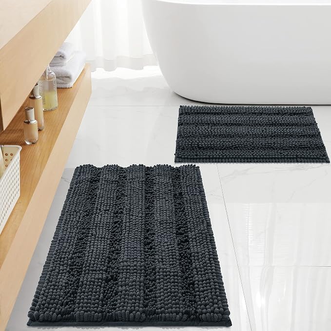 Non Slip Thick Shaggy Chenille Bathroom Rug Sets 2 Piece, Thickened Hot Melt Rubber Bottom Bath Mats for Bathroom, Bath Rugs Quick Dry Machine Washable for Shower (Charcoal Grey, 32"x20" Plus 17"x24")