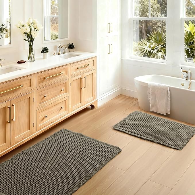 JIUZHEN Set of 2 Waffle Bath Mats Boho Bath Rugs 16x24&20x32, Olive Green | Non Slip, Super Absorbent, Washable, Ultra Soft, Fast Drying Waffle Bathroom Rugs for Bathroom Floor, Tub, Shower