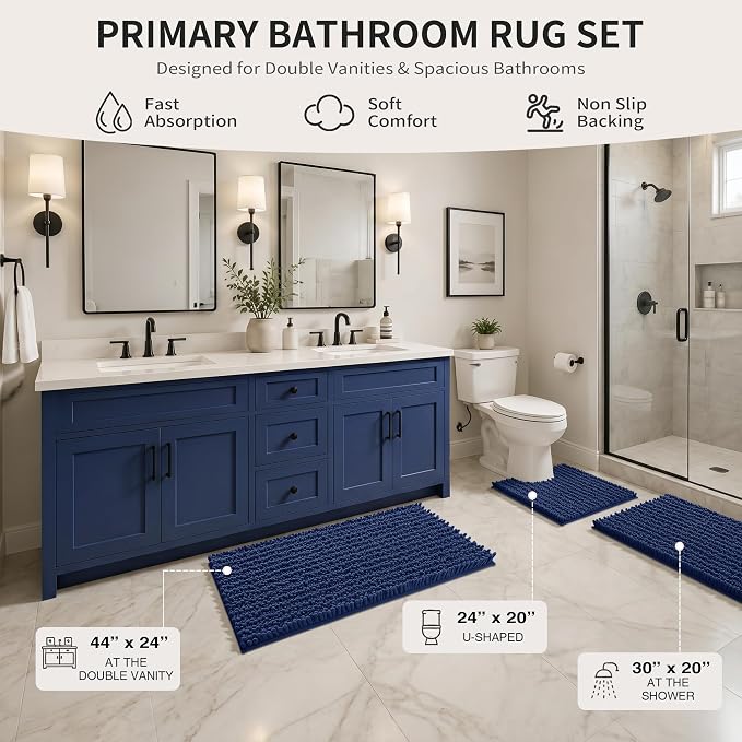 Yimobra Bathroom Rug Set 3 Piece, Super Absorbent Bath Mat Set, Navy Blue | Quick Dry Soft Chenille Bath Rugs & Toilet Rug, Non Slip Machine Washable, Extra Thick Shaggy Floor Mat for Shower Tub Sink