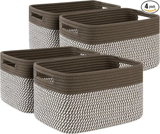 4 Pack Storage Baskets for Organizing, Woven Baskets for Shelves - Perfect for Toys, Books, Towels, and Clothes, Durable Gift Basket Bins Toy Storage, 12.7''Lx9''Wx7.8''H, Green & White