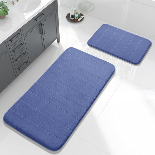 Yimobra Large Bath Mat Set 2 Piece- Super Soft Absorbent Quick Dry Memory Foam Bathroom Rugs, Machine Washable Non Slip Floor Carpet for Tub Shower & Double Vanity (17x24 & 44x24, Navy Blue)
