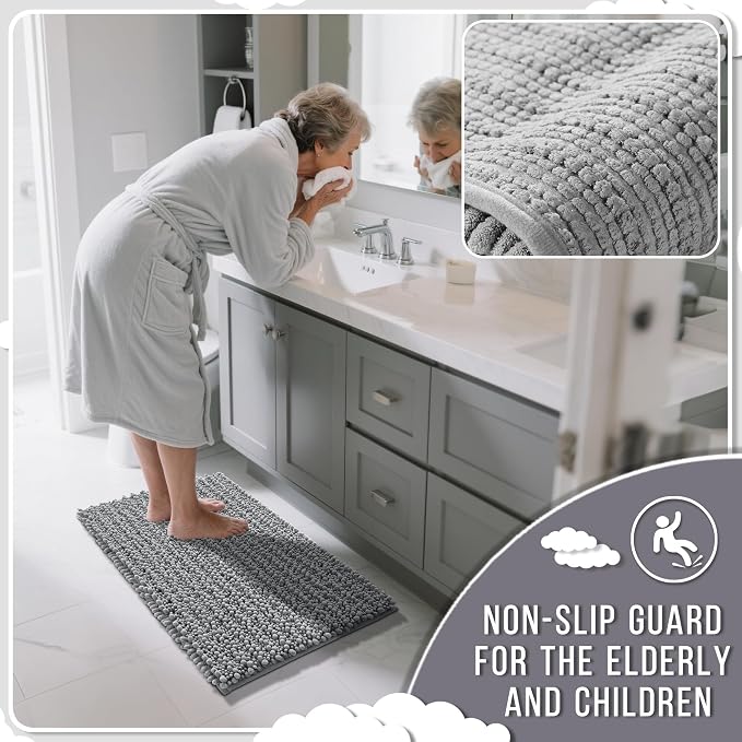 Yimobra Bathroom Rugs Sets 2 Piece - Quick Dry Extra Thick Luxury Chenille Bath Mat, Non Slip Super Absorbent for Tub Shower Sink, Machine Washable Shaggy Floor Mat, 24"x17+24"x20" Inch, Grey