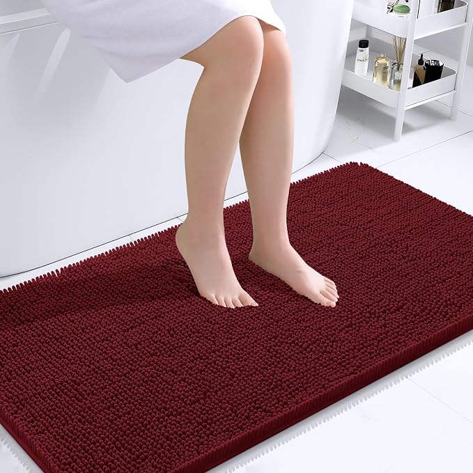 OLANLY Bathroom Runner Rugs 40x24, Extra Soft Absorbent Chenille Bath Rugs | Burgundy, Quick-Drying Rubber Backing, Washable Long Bath Mat for Bathroom Floor, Tub and Shower, Home Decor Accessories