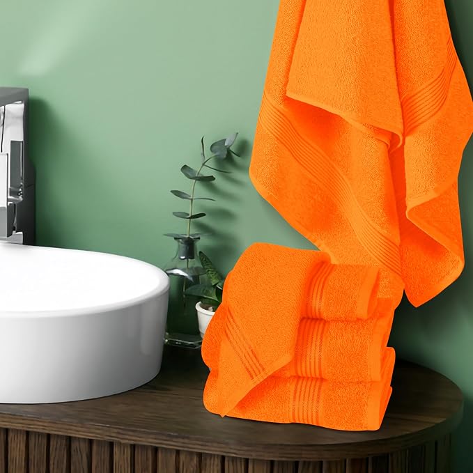 Ultra Soft 6 Pack Cotton Towel Set, Contains 2 Bath Towels 28x55 inch, 2 Hand Towels 16x24 inch & 2 Wash Coths 12x12 inch, Ideal for Everyday use, Compact & Lightweight - Orange