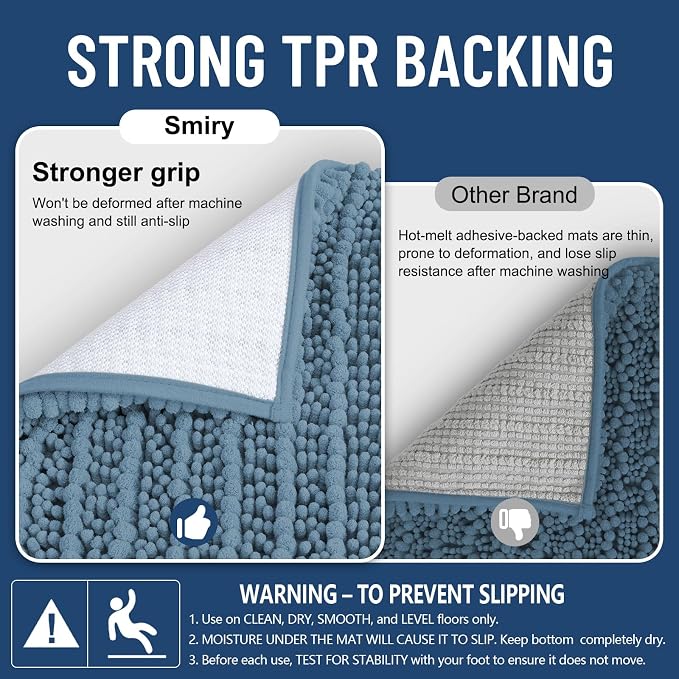 Smiry Bathroom Rugs 34X21, Extra Soft Rubber Backing Chenille Bath Mats | Grayish Blue Machine Washable Non Slip Quick Dry Bath Mats for Bathroom Floor, Tub, Shower, Home Decor Accessories