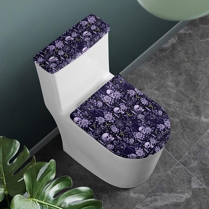 Skeleton Toilet Seat Lid Covers for Bathroom, Gothic Toilet Tank Cover Set with Retractable Belt Holiday Halloween Decor
